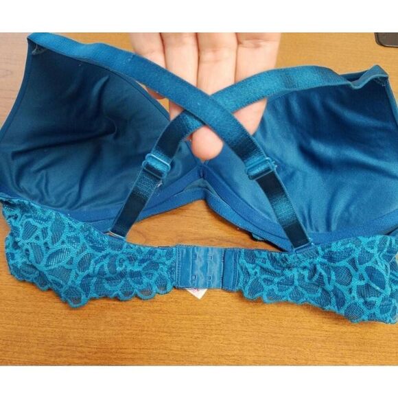 SET OF 2 36C Bras. 1-SO Aqua with lace wings. No underwire 1-no brand Navy space - Picture 3 of 11